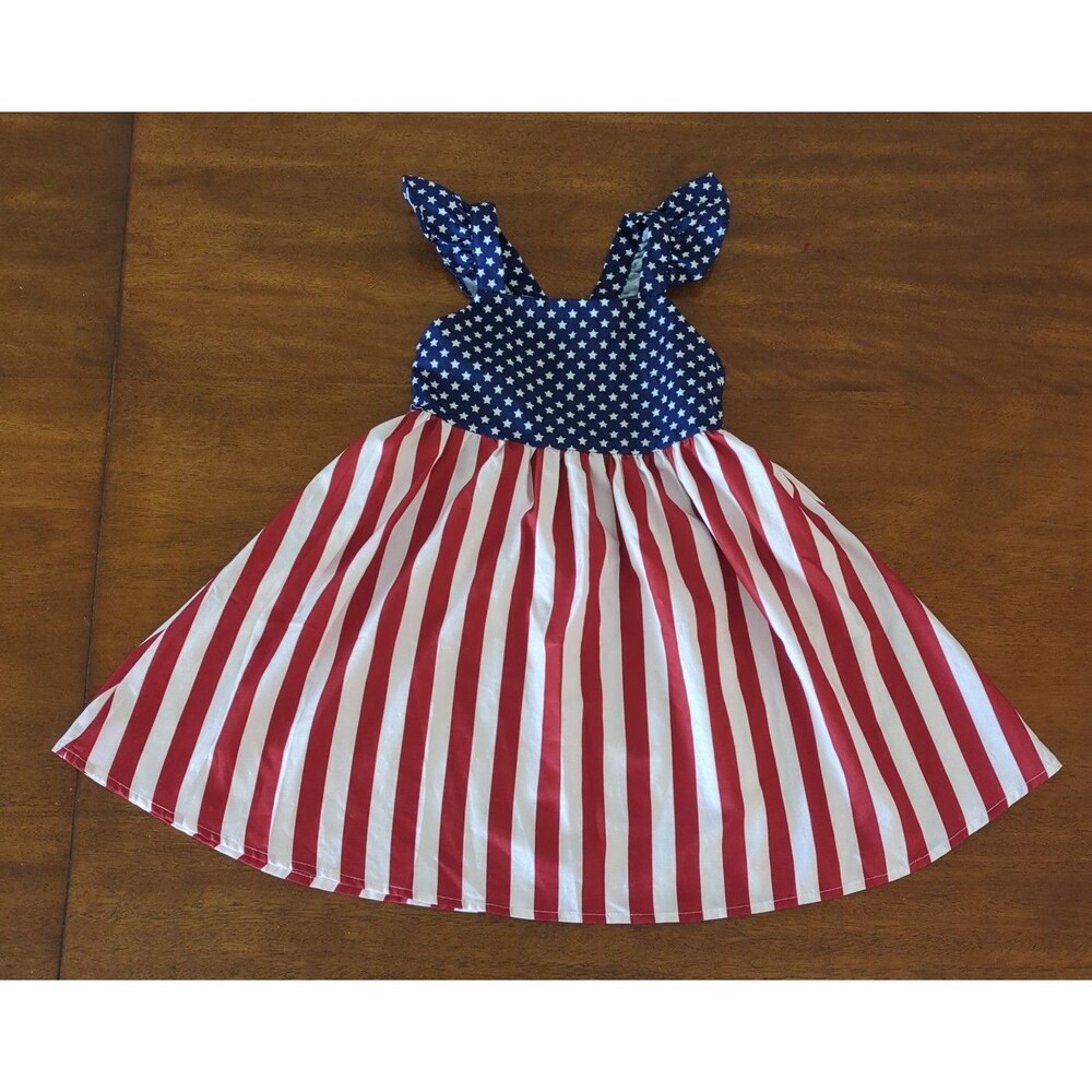 Boutique girls American flag Stars stripes smocked back dress size 5 GUC